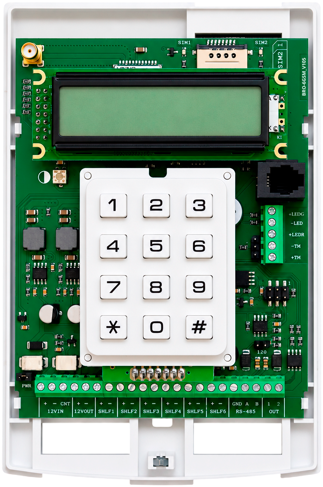 Плата контроллера БРО-6 GSM без крышки: клеммы CNT, 12VIN, 12VOUT, SHLF1…SHLF6, RS-485 (GND/A/B), OUT 1/2, светодиоды и Touch Memory